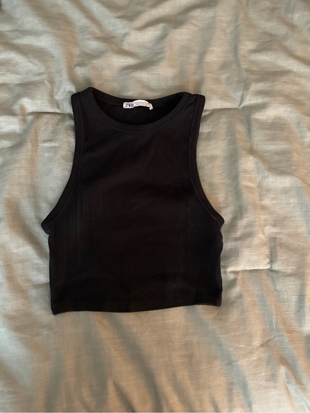 Zara Black Ribbed Cropped Tank - Sleeveless Crew Neck